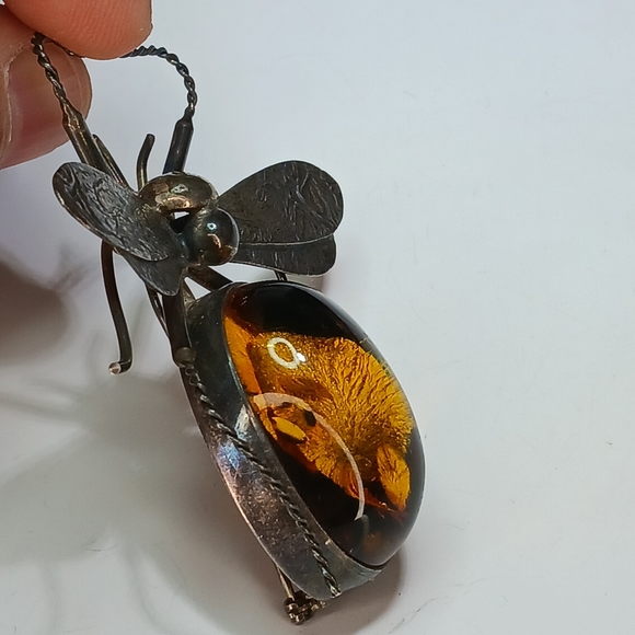 Vintage Amber Sterling Silver Bug Insect Brooch Pin - Picture 3 of 13
